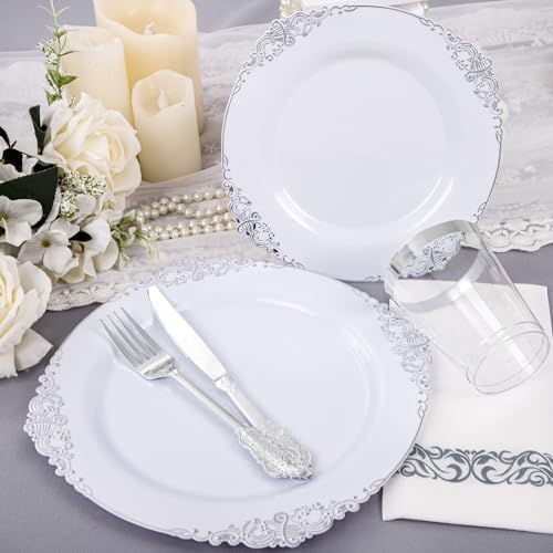 Nervure 350PCS Silver Plastic Dinnerware Set