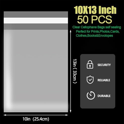 50 Pcs Clear 10 x 13 Self Seal Cellophane Bags