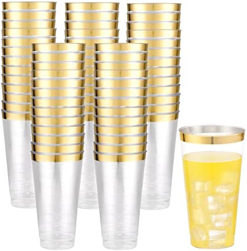 LIYH 100 Pcs 16 Ounce Gold Rim Plastic Cups for Parties