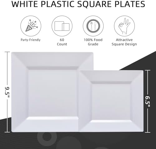 N9R 60PCS White Plastic Square Plates for Parties and Events