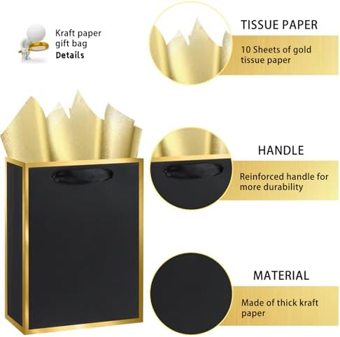 10-Pack Black and Golden Gift Bags with Handles