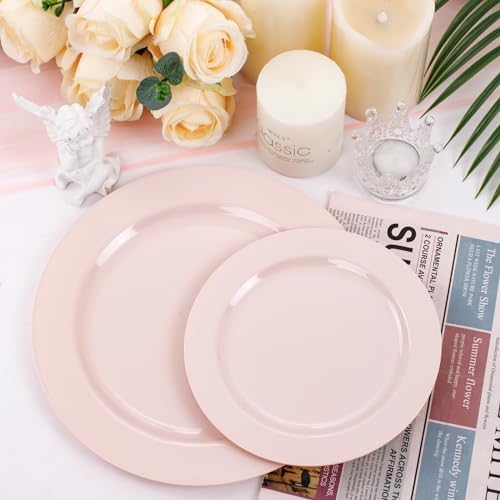FLOWERCAT 100PCS Pink Plastic Plates Set for 50 Guests