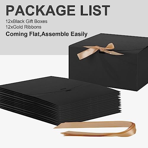 12 Pack Black Gift Boxes with Lids and Ribbons