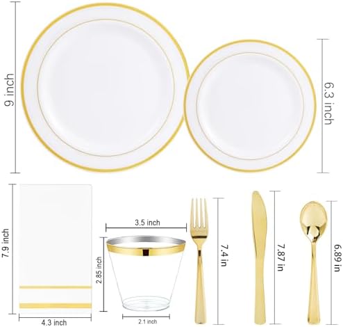 GATHER 350PCS White and Gold Plastic Plates Set for Party Wedding