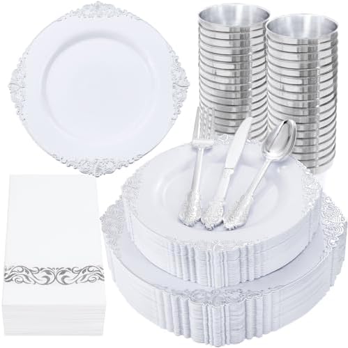 Nervure 350PCS Silver Plastic Dinnerware Set