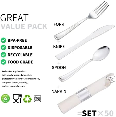 50 Pack Silverware Set with Napkins for Parties