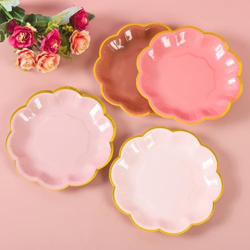 Dusty Pink Gradient Dessert Plates with Gold Foil Edges 7 Inch 48 Count