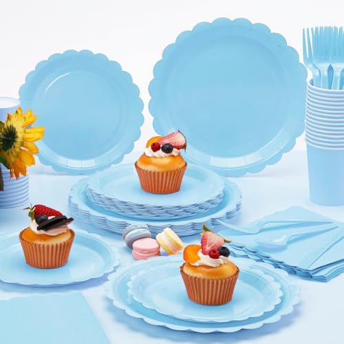 176 Pcs Light Blue Paper Plates and Napkins Set