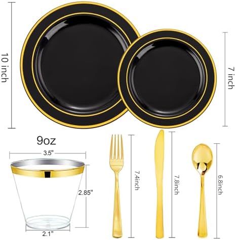 bUCLA 600PCS Black and Gold Disposable Dinnerware Set for Parties