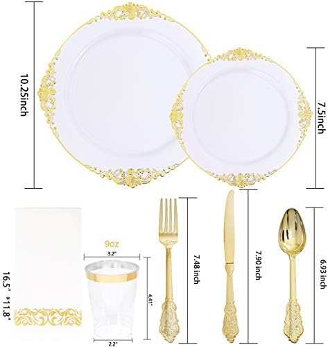 Nervure 175PCS White and Gold Plastic Plates Set