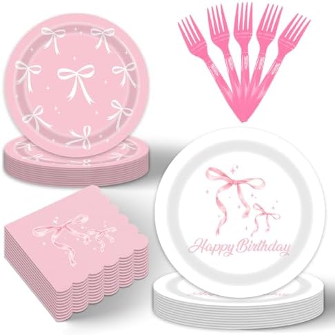 96 Pack Bow Paper Plates and Napkins Set for Birthday Parties