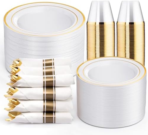 WELLIFE 350Pcs White Gold Plastic Plates for 50 Guests