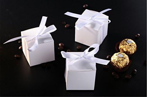AWELL White Candy Box with Ribbon Party Favor Pack of 50