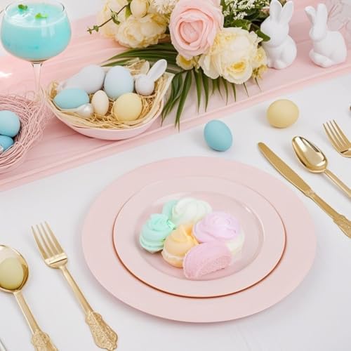 FLOWERCAT 100PCS Pink Plastic Plates Set for 50 Guests