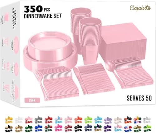 350 Pcs Pink Plastic Plates Set for Parties