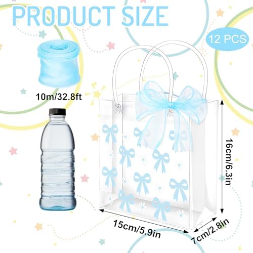 Whaline 12 Pcs Clear PVC Gift Bags with Blue Bowknot and Daisy Design
