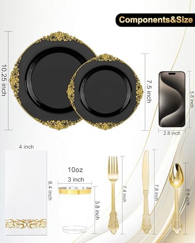 Nervure 350PCS Black Plastic Plates Set for 50 Guests