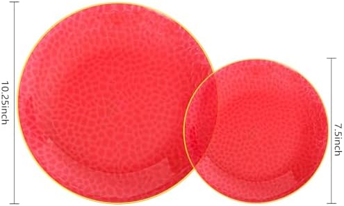 Rubtlamp 60 Pcs Red Plastic Plates with Gold Rim