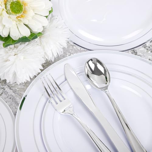 WELLIFE 700 Pcs Silver Plastic Plates Party Set