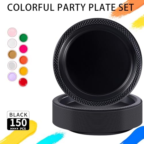 WELLIFE 9 Inch Black Plastic Plates 150 Count