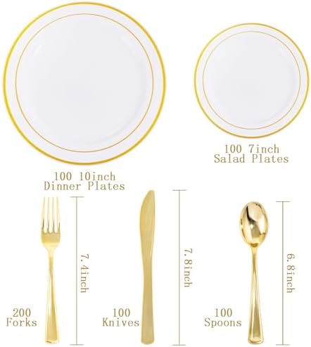 600 Pcs Gold Plastic Plates and Utensils for 100 Guests
