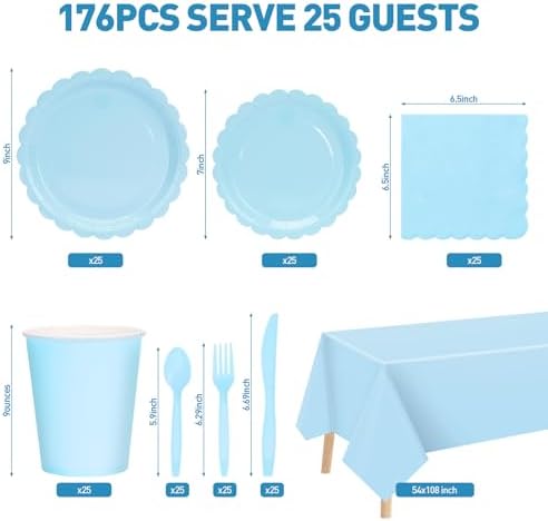 176 Pcs Light Blue Paper Plates and Napkins Set