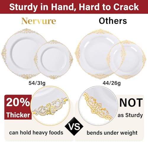 Nervure 175PCS White and Gold Plastic Plates Set