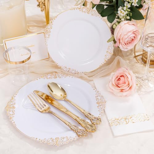 YOUBET 700PCS Gold Plastic Dinnerware Set for 100 Guests Wedding Party Graduation