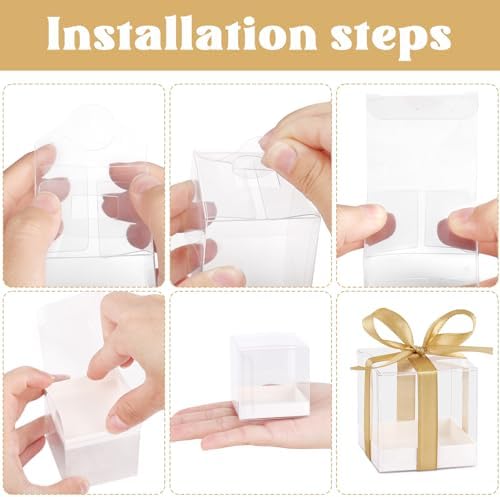 Hxezoc 50 Pack Clear Cube Gift Boxes with Gold Ribbons