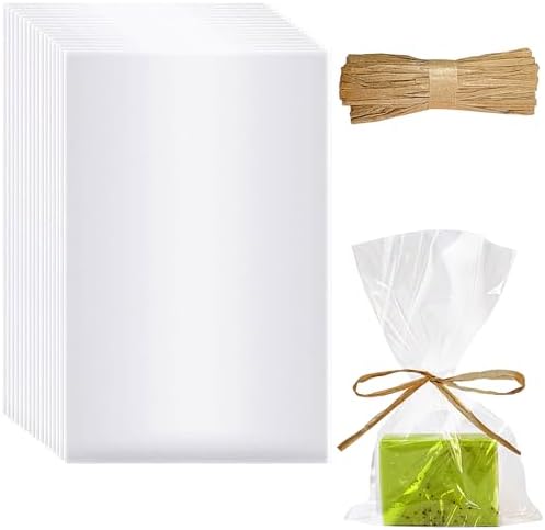 Miraclekoo 100pc Clear Soap Bags 5x8 Inch with Raffia Rope