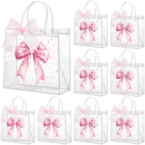 Wesnoy 24 Pcs Pink Bow Clear PVC Gift Bags with Handles