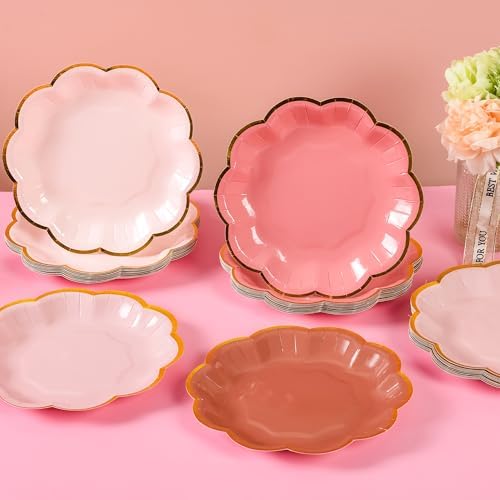 Dusty Pink Gradient Dessert Plates with Gold Foil Edges 7 Inch 48 Count