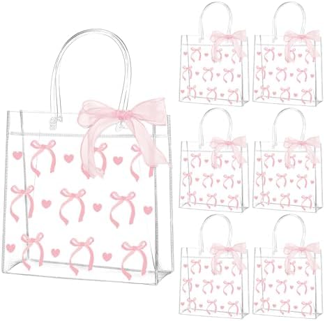 QOUBAI 24pcs Pink Bow Clear PVC Gift Bags with Handles
