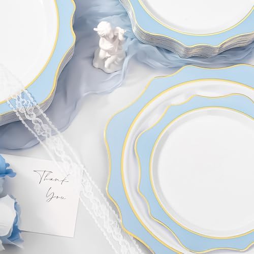 100 PCS White Blue Disposable Plates for 50 Guests Party Wedding Graduation