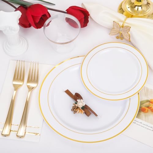 GATHER 350PCS White and Gold Plastic Plates Set for Party Wedding