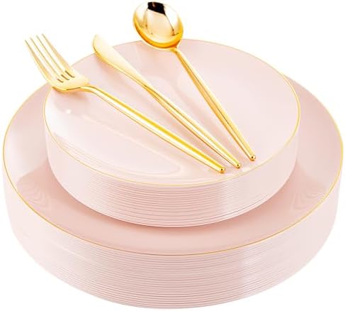 30-Piece Pink Plastic Party Plates Set with Gold Rim