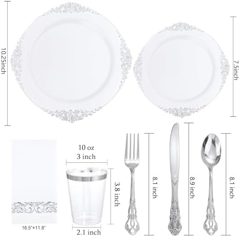YOUBET 700PCS Silver Plastic Plates Set - 100 Person Wedding Party Disposable Tableware