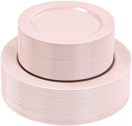 FLOWERCAT 100PCS Pink Plastic Plates Set for 50 Guests