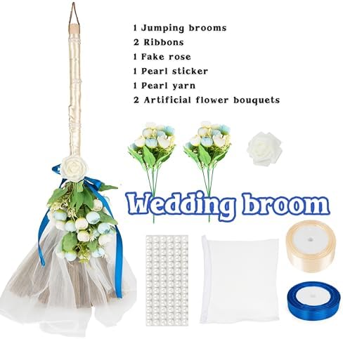 SISIMER Wedding Brooms with White Tulle and Pearl Ribbon