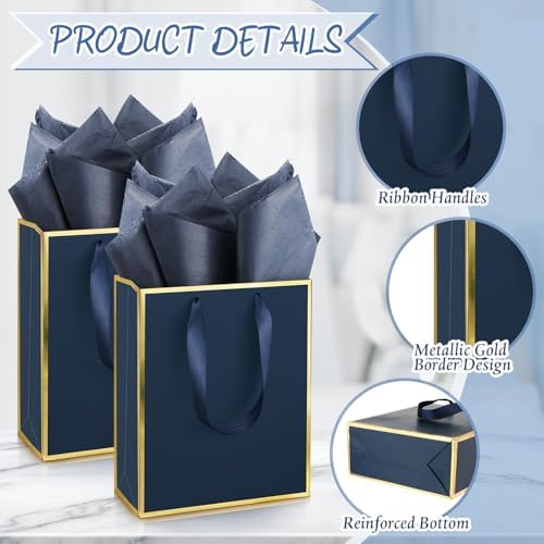 Yeaqee 50 Pack Metallic Gift Bags with Handle and Tissue Paper