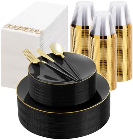 350 Pieces Black Gold Plastic Dinnerware Set for 50 Guests