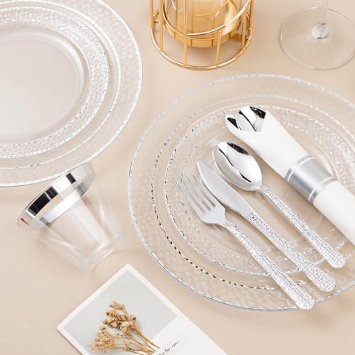 350PCS Clear Plastic Plates with Silver Trim for 50 Guests