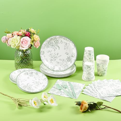 175Pcs Sage Green Floral Party Set Plates Napkins Cups Cutlery