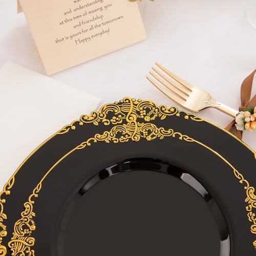 Hioasis 350pcs Black and Gold Plastic Plates Set for 50 Guests