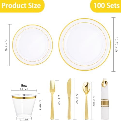 DaYammi 350PCS Clear Gold Disposable Dinnerware Set for 50 Guests