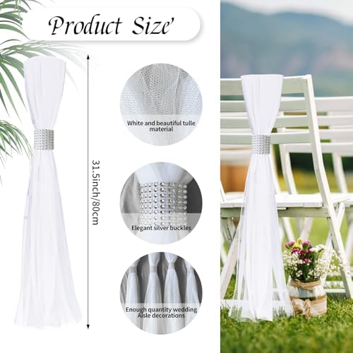 26 Piece White Pew Bows Set with Silver Rhinestone Decorations