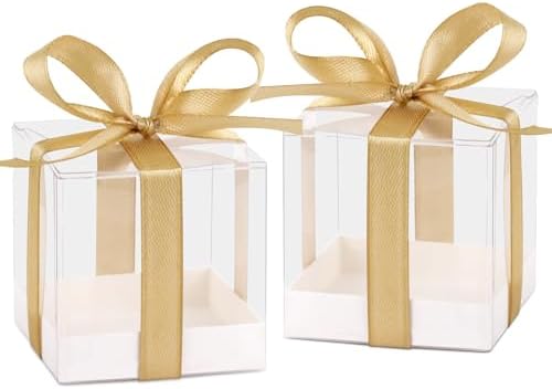 Hxezoc 50 Pack Clear Cube Gift Boxes with Gold Ribbons