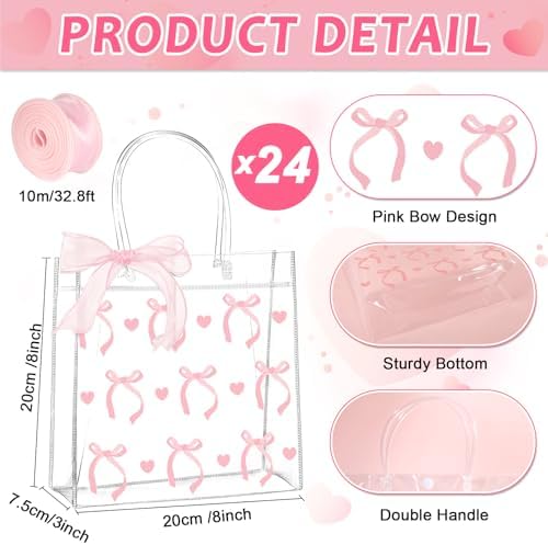 QOUBAI 24pcs Pink Bow Clear PVC Gift Bags with Handles