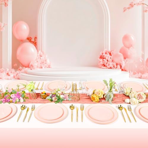 30-Piece Pink Plastic Party Plates Set with Gold Rim