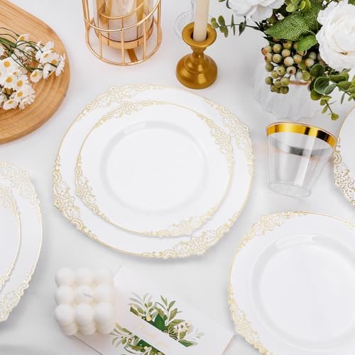 100 PCS White Gold Plastic Plates for 50 Guests